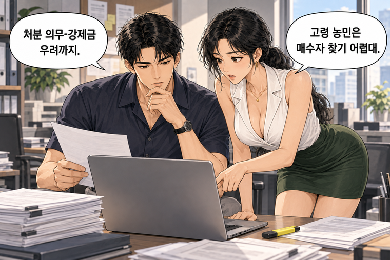 강태윤과 한서윤이 함께 등장하는 웹툰 4컷. 한서윤: 고령 농민은 매수자 찾기 어렵대. 강태윤: 처분 의무·강제금 우려까지.
