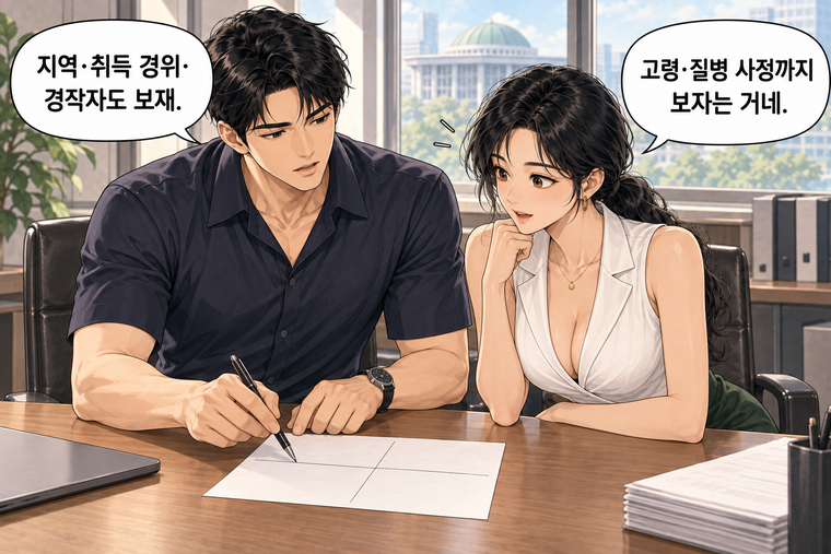 강태윤과 한서윤이 함께 등장하는 웹툰 5컷. 강태윤: 지역·취득 경위·경작자도 보재. 한서윤: 고령·질병 사정까지 보자는 거네.