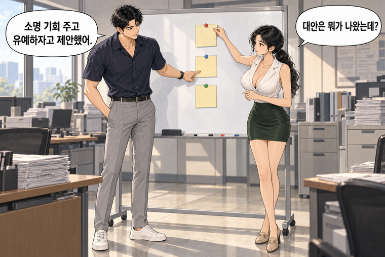 강태윤과 한서윤이 함께 등장하는 웹툰 6컷. 한서윤: 대안은 뭐가 나왔는데? 강태윤: 소명 기회 주고 유예하자고 제안했어.