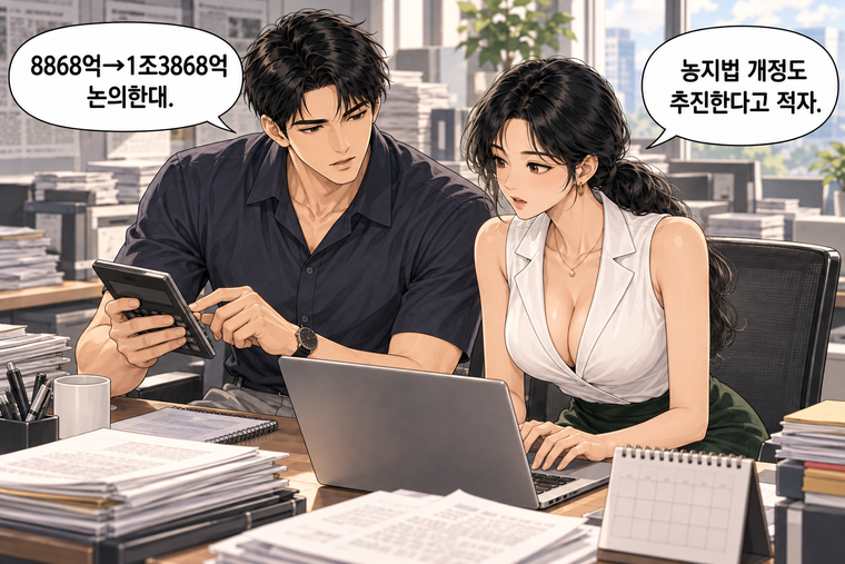 강태윤과 한서윤이 함께 등장하는 웹툰 7컷. 강태윤: 8868억→1조3868억 논의한대. 한서윤: 농지법 개정도 추진한다고 적자.